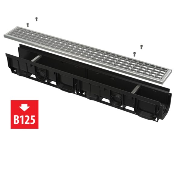 Entwässerungsrinne 100 mm mit Kunststoffrand, Gitterrost mit Löchern 20×30 mm