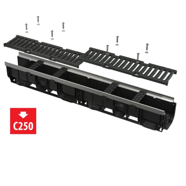Entwässerungsrinne 100 mm mit Metallrand, Gussrost