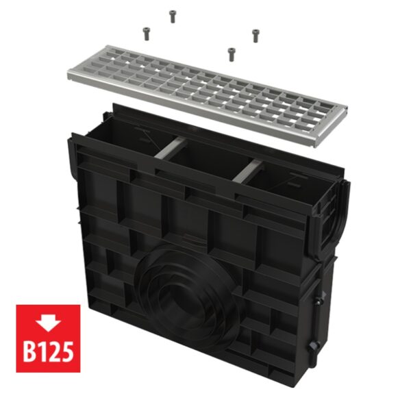 Servicebox für Entwässerungsrinne mit Kunststoffrand Gitterrost verzinkt B125